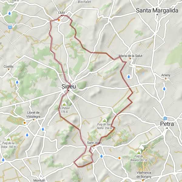 Karten-Miniaturansicht der Radinspiration "Gravel-Abenteuer von Llubí nach Sant Joan" in Illes Balears, Spain. Erstellt vom Tarmacs.app-Routenplaner für Radtouren