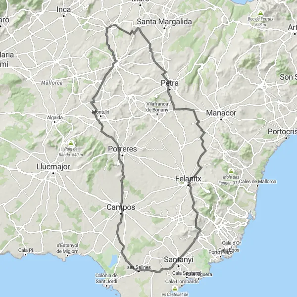 Miniaturní mapa "Velká okružní cesta po jižní části Mallorky" inspirace pro cyklisty v oblasti Illes Balears, Spain. Vytvořeno pomocí plánovače tras Tarmacs.app