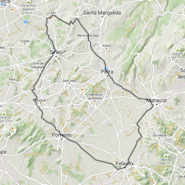 Miniatura della mappa di ispirazione al ciclismo "Ciclabile da Llubí a Felanitx" nella regione di Illes Balears, Spain. Generata da Tarmacs.app, pianificatore di rotte ciclistiche
