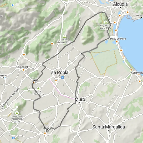 Miniatua del mapa de inspiración ciclista "Recorrido en bicicleta de carretera por Llubí y Muro" en Illes Balears, Spain. Generado por Tarmacs.app planificador de rutas ciclistas
