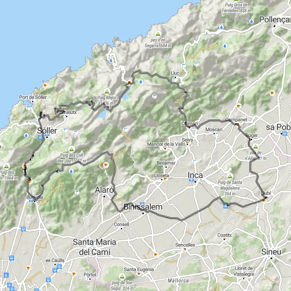 Miniature de la carte de l'inspiration cycliste "Défi montagneux de Majorque" dans la Illes Balears, Spain. Générée par le planificateur d'itinéraire cycliste Tarmacs.app