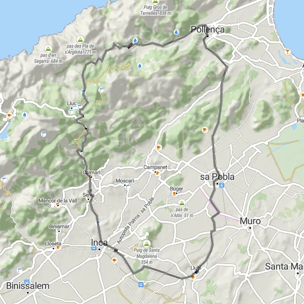 Karten-Miniaturansicht der Radinspiration "Radweg von Llubí nach Pollença über Inca und Lluc" in Illes Balears, Spain. Erstellt vom Tarmacs.app-Routenplaner für Radtouren