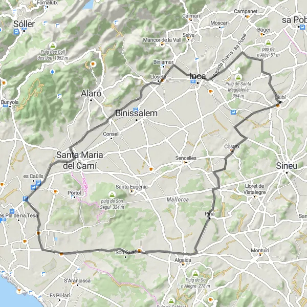 Miniatua del mapa de inspiración ciclista "Ruta Llubí-Costitx-Baixos de Pina-sa Casa Blanca-Santa Maria del Camí-es Puig Ventós-Inca-Puig de Son Sastre-Llubí" en Illes Balears, Spain. Generado por Tarmacs.app planificador de rutas ciclistas