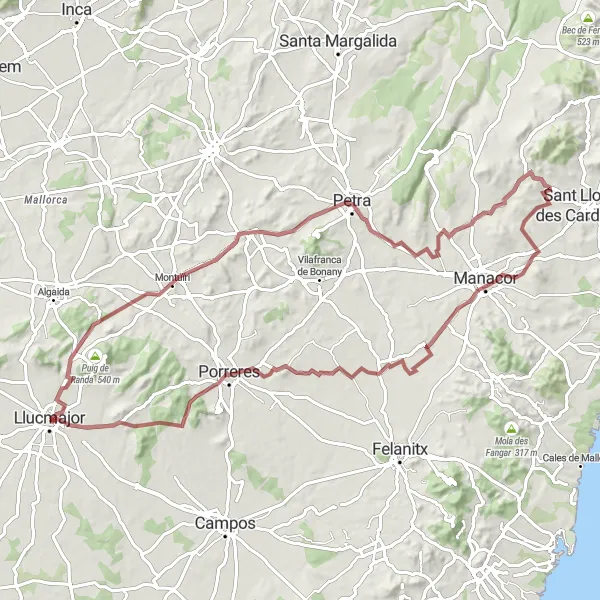 Miniaturekort af cykelinspirationen "Gruscykeltur mellem Llucmajor og Manacor" i Illes Balears, Spain. Genereret af Tarmacs.app cykelruteplanlægger