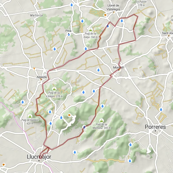 Miniature de la carte de l'inspiration cycliste "Les collines de Llucmajor en gravier" dans la Illes Balears, Spain. Générée par le planificateur d'itinéraire cycliste Tarmacs.app