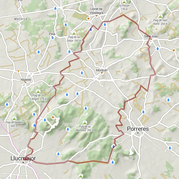 Miniatua del mapa de inspiración ciclista "Ruta de Llucmajor a puig d'en Femella" en Illes Balears, Spain. Generado por Tarmacs.app planificador de rutas ciclistas