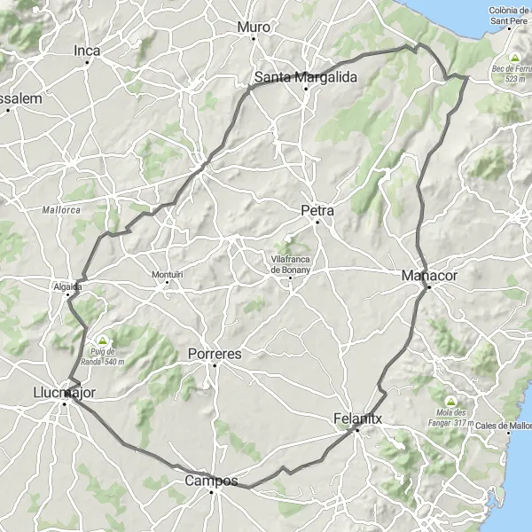 Map miniature of "Llucmajor to Campos Loop" cycling inspiration in Illes Balears, Spain. Generated by Tarmacs.app cycling route planner