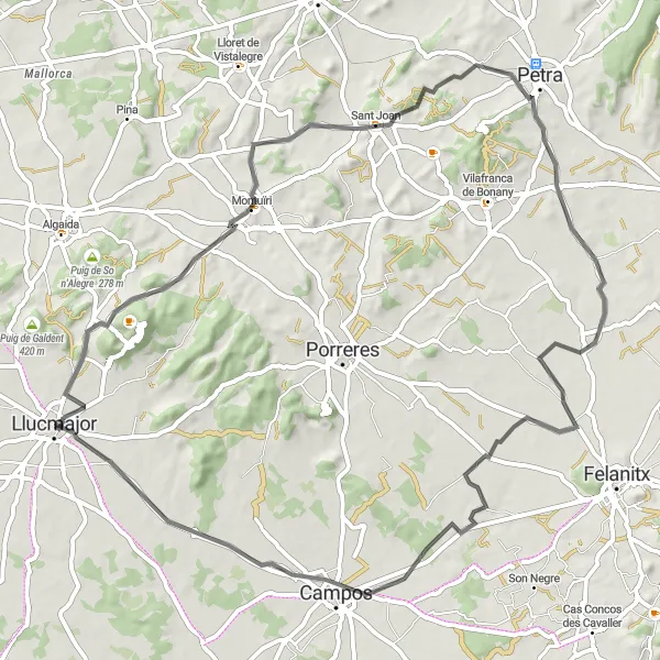 Miniature de la carte de l'inspiration cycliste "De Llucmajor aux villages pittoresques" dans la Illes Balears, Spain. Générée par le planificateur d'itinéraire cycliste Tarmacs.app