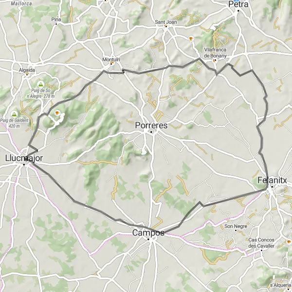 Miniatua del mapa de inspiración ciclista "Recorrido en bicicleta por Llucmajor y sus alrededores" en Illes Balears, Spain. Generado por Tarmacs.app planificador de rutas ciclistas