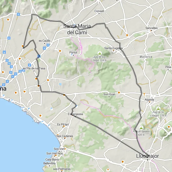 Miniatua del mapa de inspiración ciclista "Ruta de Llucmajor a Puig de Galdent" en Illes Balears, Spain. Generado por Tarmacs.app planificador de rutas ciclistas