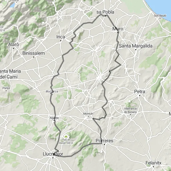 Miniaturní mapa "Cyklistická cesta Puig de ses Bruixes - Hurissalo - Puig de Santa Magdalena - Búger - Muro - Puig de Defla - Porreres" inspirace pro cyklisty v oblasti Illes Balears, Spain. Vytvořeno pomocí plánovače tras Tarmacs.app