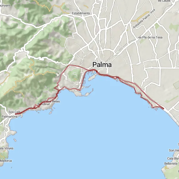 Miniatuurkaart van de fietsinspiratie "Gravelroute van Magaluf naar Bendinat" in Illes Balears, Spain. Gemaakt door de Tarmacs.app fietsrouteplanner