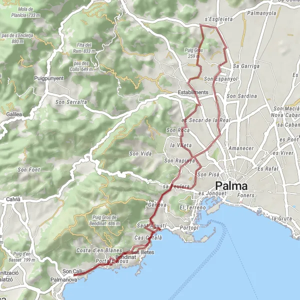 Miniatura mapy "Odkrywanie Malorki na Grawelu przez Gènova, Puig de Son Muntaner i Puig Gros" - trasy rowerowej w Illes Balears, Spain. Wygenerowane przez planer tras rowerowych Tarmacs.app
