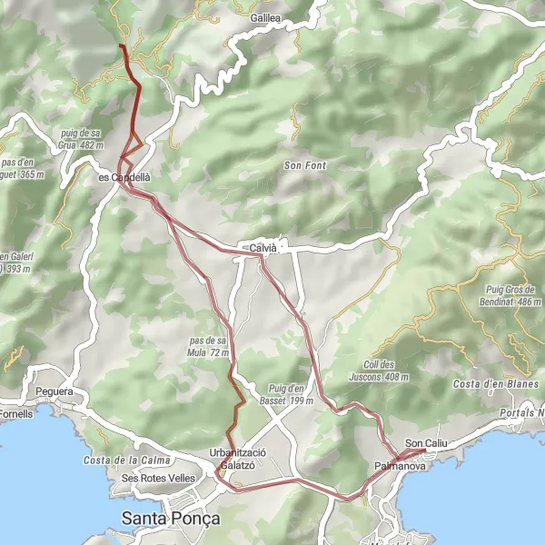 Miniatuurkaart van de fietsinspiratie "Route van Magaluf naar Puig d'en Saragossa" in Illes Balears, Spain. Gemaakt door de Tarmacs.app fietsrouteplanner