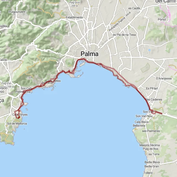 Miniatura mapy "Trasa Gravel w pobliżu Magaluf" - trasy rowerowej w Illes Balears, Spain. Wygenerowane przez planer tras rowerowych Tarmacs.app