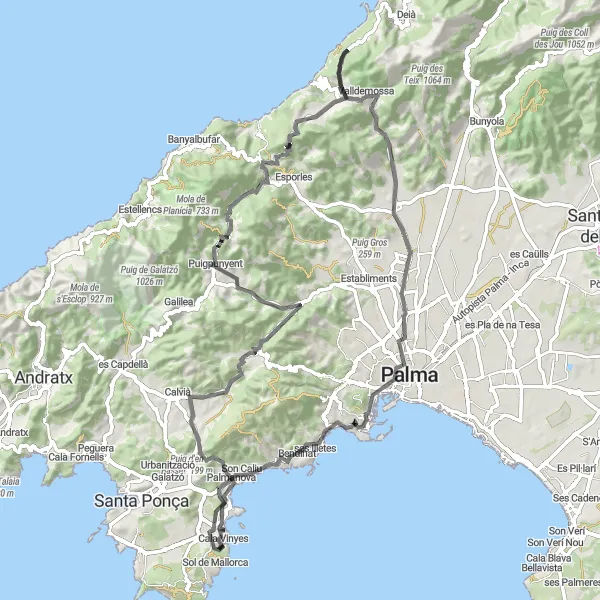 Miniatuurkaart van de fietsinspiratie "Roadtrip van Magaluf naar Valldemossa" in Illes Balears, Spain. Gemaakt door de Tarmacs.app fietsrouteplanner
