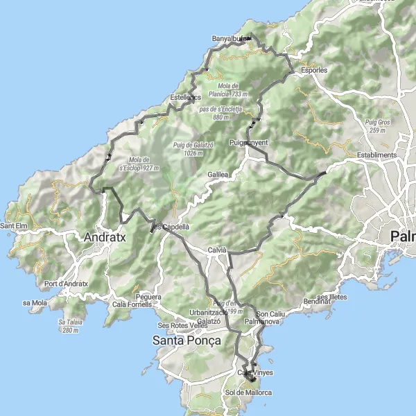 Miniatuurkaart van de fietsinspiratie "Rondrit rond Magaluf Via Verharde Wegen" in Illes Balears, Spain. Gemaakt door de Tarmacs.app fietsrouteplanner