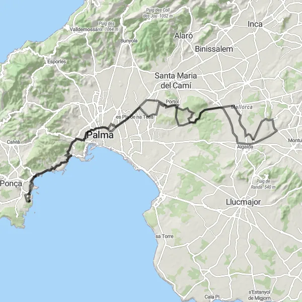 Miniatura mapy "Magaluf - Gènova - sa Cabaneta - Algaida - Majorca - puig de Santa Eugènia - Son Oliva - Magaluf" - trasy rowerowej w Illes Balears, Spain. Wygenerowane przez planer tras rowerowych Tarmacs.app