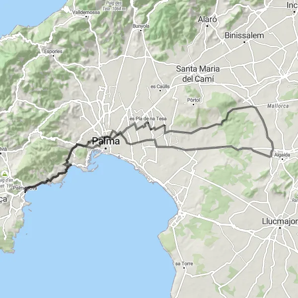 Miniatuurkaart van de fietsinspiratie "Rondrit rond Magaluf Via Verharde Wegen" in Illes Balears, Spain. Gemaakt door de Tarmacs.app fietsrouteplanner