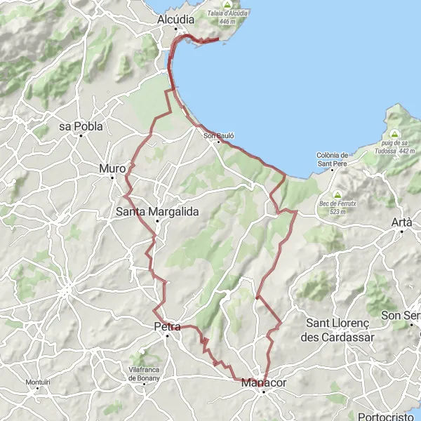 Miniatua del mapa de inspiración ciclista "Ruta de ciclismo de grava desde Manacor" en Illes Balears, Spain. Generado por Tarmacs.app planificador de rutas ciclistas