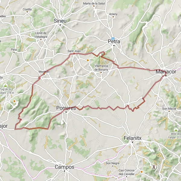 Karten-Miniaturansicht der Radinspiration "Rundfahrt um Manacor über 72 km" in Illes Balears, Spain. Erstellt vom Tarmacs.app-Routenplaner für Radtouren