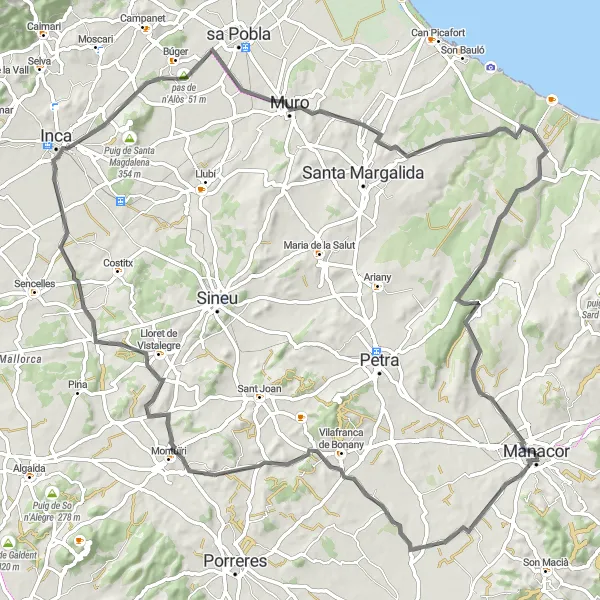 Miniaturní mapa "Mallorca Countryside Adventure" inspirace pro cyklisty v oblasti Illes Balears, Spain. Vytvořeno pomocí plánovače tras Tarmacs.app