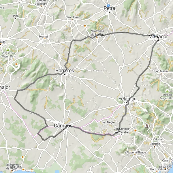 Miniatura della mappa di ispirazione al ciclismo "Giro in bicicletta da Manacor a Vilafranca de Bonany" nella regione di Illes Balears, Spain. Generata da Tarmacs.app, pianificatore di rotte ciclistiche