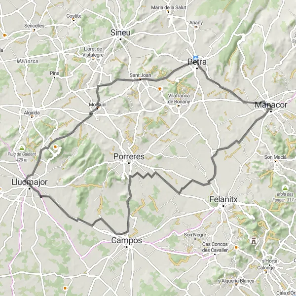 Miniatura della mappa di ispirazione al ciclismo "Esplorazione in bicicletta da Manacor a Llucmajor" nella regione di Illes Balears, Spain. Generata da Tarmacs.app, pianificatore di rotte ciclistiche