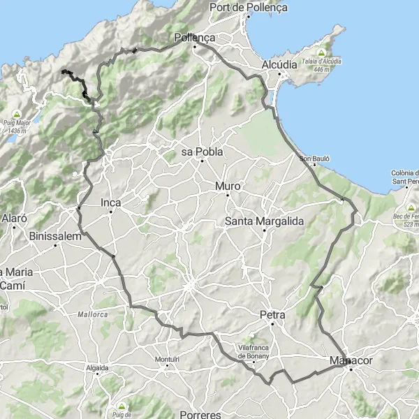 Miniatura della mappa di ispirazione al ciclismo "Giro in bicicletta su strada intorno a Manacor" nella regione di Illes Balears, Spain. Generata da Tarmacs.app, pianificatore di rotte ciclistiche