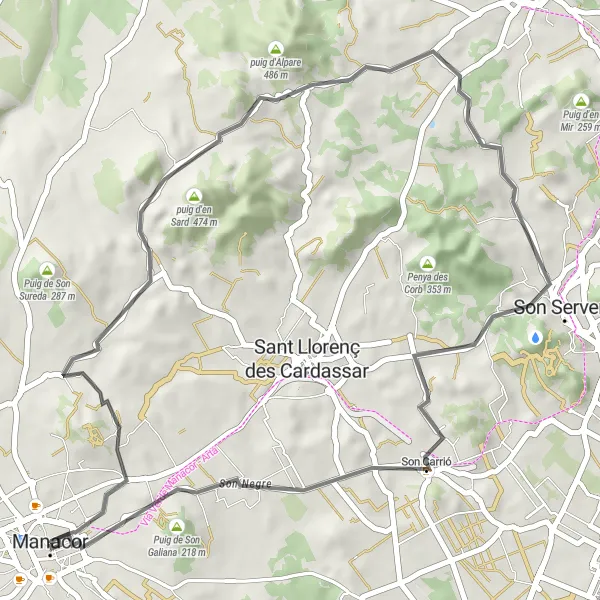 Map miniature of "Exploring the Natural Beauty Near Manacor" cycling inspiration in Illes Balears, Spain. Generated by Tarmacs.app cycling route planner