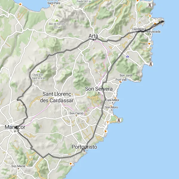 Miniatura della mappa di ispirazione al ciclismo "Giro in bicicletta da Manacor" nella regione di Illes Balears, Spain. Generata da Tarmacs.app, pianificatore di rotte ciclistiche