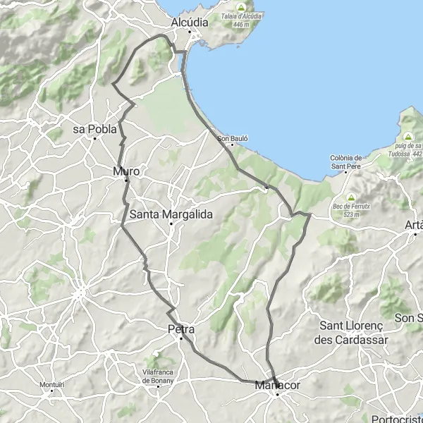 Miniatura della mappa di ispirazione al ciclismo "Giro in Bici su Strada attraverso Petra e Alcúdia" nella regione di Illes Balears, Spain. Generata da Tarmacs.app, pianificatore di rotte ciclistiche