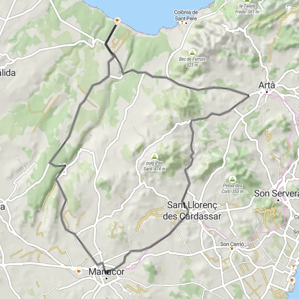 Miniaturekort af cykelinspirationen "Cirkelcykelrute: Manacor - Son Serra de Marina - Morell - Sant Llorenç des Cardassar - Manacor" i Illes Balears, Spain. Genereret af Tarmacs.app cykelruteplanlægger