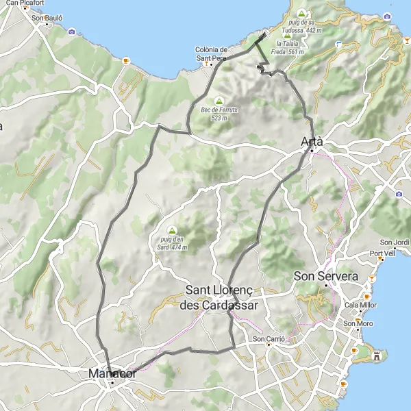 Miniatua del mapa de inspiración ciclista "Ruta de ciclismo de carretera desde Manacor" en Illes Balears, Spain. Generado por Tarmacs.app planificador de rutas ciclistas