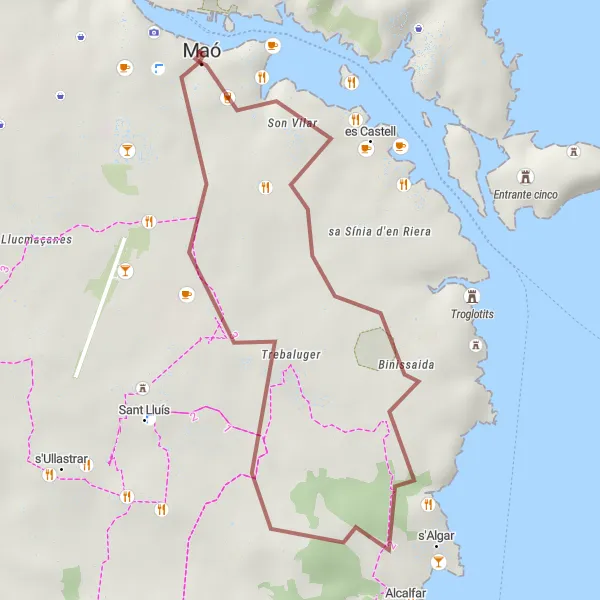 Miniaturní mapa "Gravel Route around Maó" inspirace pro cyklisty v oblasti Illes Balears, Spain. Vytvořeno pomocí plánovače tras Tarmacs.app