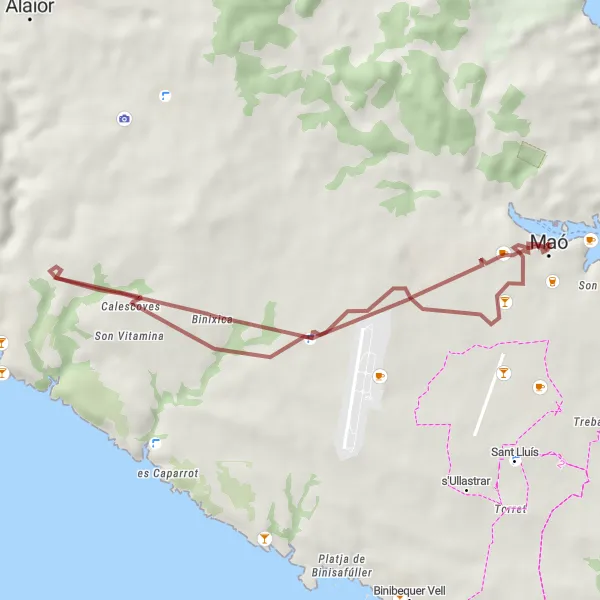Miniatura della mappa di ispirazione al ciclismo "Giro in bicicletta intorno a Maó" nella regione di Illes Balears, Spain. Generata da Tarmacs.app, pianificatore di rotte ciclistiche
