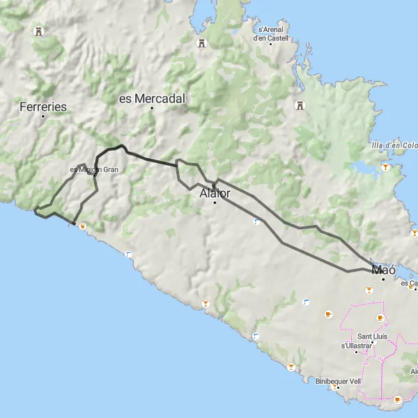 Karten-Miniaturansicht der Radinspiration "Rundfahrt um Maó" in Illes Balears, Spain. Erstellt vom Tarmacs.app-Routenplaner für Radtouren