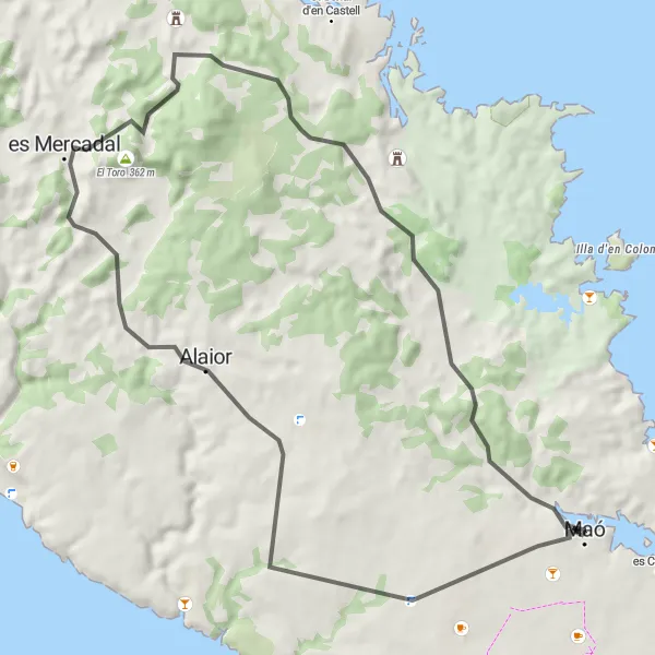 Miniatua del mapa de inspiración ciclista "Ruta en bici de carretera cerca de Maó" en Illes Balears, Spain. Generado por Tarmacs.app planificador de rutas ciclistas
