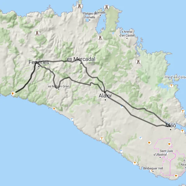 Miniatua del mapa de inspiración ciclista "Ruta en bici de carretera panorámica cerca de Maó" en Illes Balears, Spain. Generado por Tarmacs.app planificador de rutas ciclistas