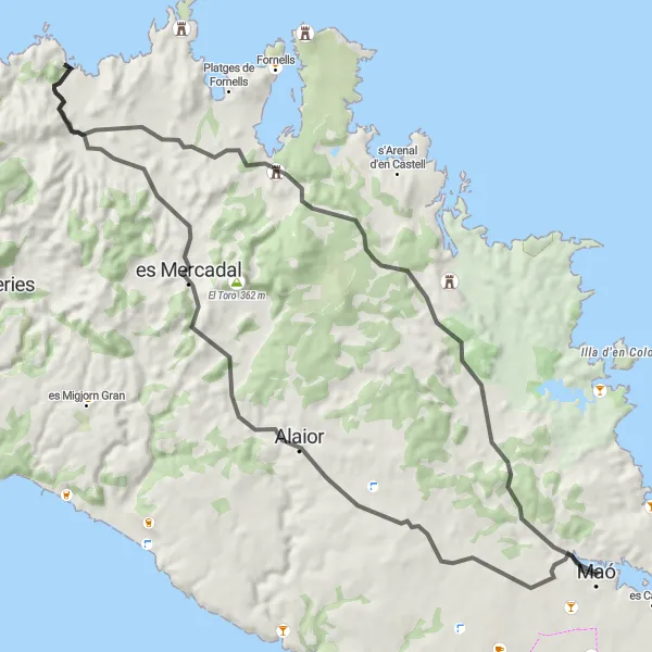 Karten-Miniaturansicht der Radinspiration "Rundtour von Maó nach Mirador del Pont des Castell" in Illes Balears, Spain. Erstellt vom Tarmacs.app-Routenplaner für Radtouren
