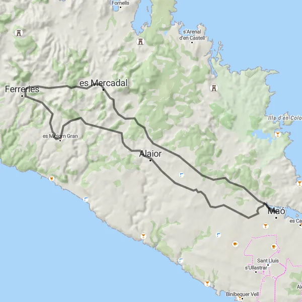 Karten-Miniaturansicht der Radinspiration "Rundtour von Maó nach Mirador del Pont des Castell" in Illes Balears, Spain. Erstellt vom Tarmacs.app-Routenplaner für Radtouren