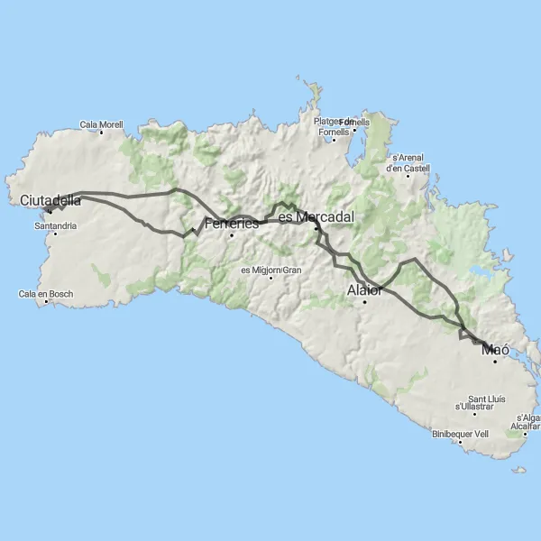 Miniatua del mapa de inspiración ciclista "Ruta en bici de carretera épica cerca de Maó" en Illes Balears, Spain. Generado por Tarmacs.app planificador de rutas ciclistas