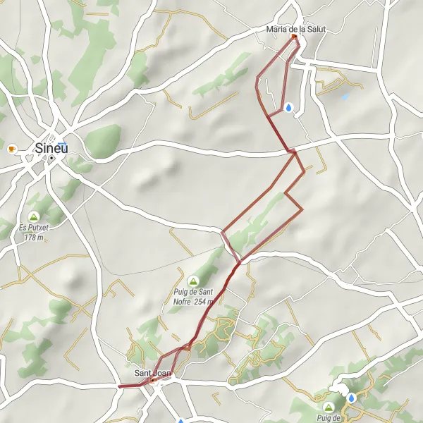 Miniatua del mapa de inspiración ciclista "Ruta en bicicleta de grava: Maria de la Salut - Puig de Sant Nofre - Puig de sa Corbereta" en Illes Balears, Spain. Generado por Tarmacs.app planificador de rutas ciclistas