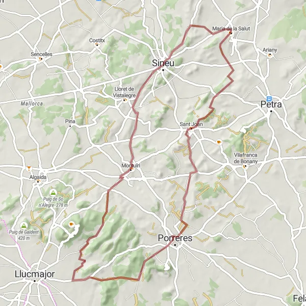 Miniatua del mapa de inspiración ciclista "Ruta de Ciclismo en Gravel cerca de María de la Salut" en Illes Balears, Spain. Generado por Tarmacs.app planificador de rutas ciclistas