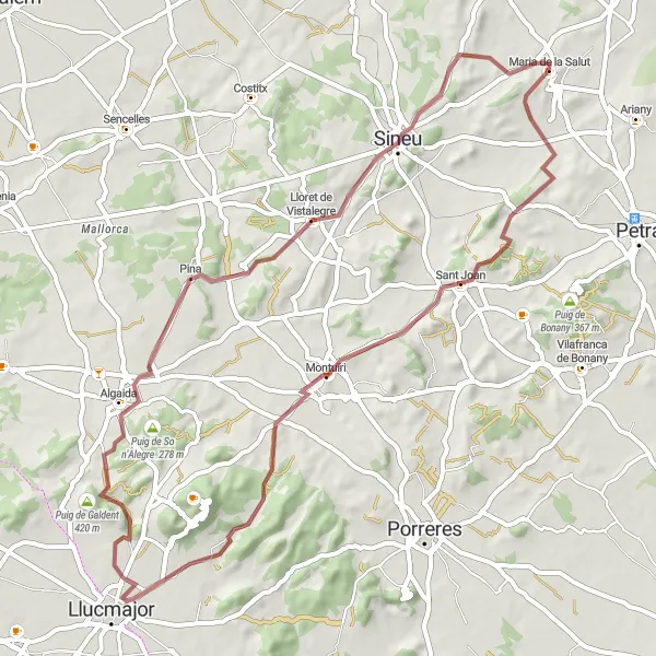 Miniatura della mappa di ispirazione al ciclismo "Avventura in bicicletta tra Maria de la Salut e Sineu" nella regione di Illes Balears, Spain. Generata da Tarmacs.app, pianificatore di rotte ciclistiche