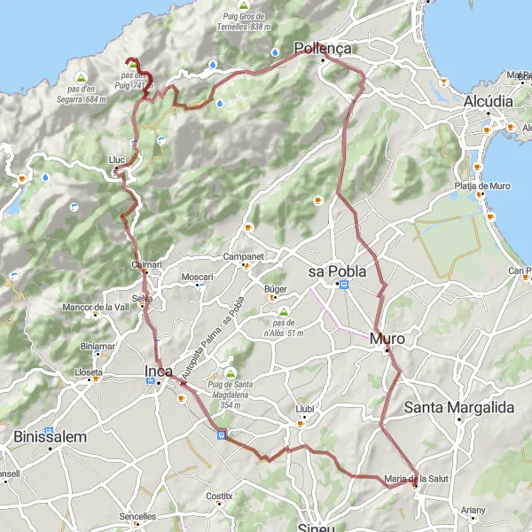 Miniaturekort af cykelinspirationen "Grusveje tur fra Maria de la Salut til Pollença" i Illes Balears, Spain. Genereret af Tarmacs.app cykelruteplanlægger