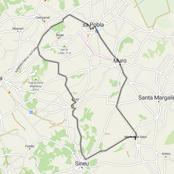 Miniatua del mapa de inspiración ciclista "Ruta en bicicleta de carretera: Maria de la Salut - Puig de Defla - Llubí - sa Pobla" en Illes Balears, Spain. Generado por Tarmacs.app planificador de rutas ciclistas