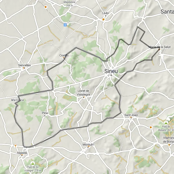 Miniatua del mapa de inspiración ciclista "Ruta en bicicleta de carretera: Maria de la Salut - Puig de Defla - Algaida - Costitx" en Illes Balears, Spain. Generado por Tarmacs.app planificador de rutas ciclistas