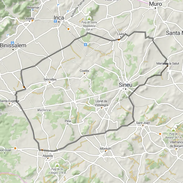 Miniatua del mapa de inspiración ciclista "Ruta en bicicleta de carretera desde Maria de la Salut" en Illes Balears, Spain. Generado por Tarmacs.app planificador de rutas ciclistas