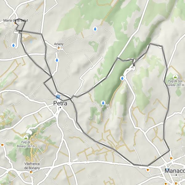 Miniatua del mapa de inspiración ciclista "Ruta en bicicleta de carretera: Maria de la Salut - Mirador de sa Creu - Puig de Son Sureda - Petra" en Illes Balears, Spain. Generado por Tarmacs.app planificador de rutas ciclistas
